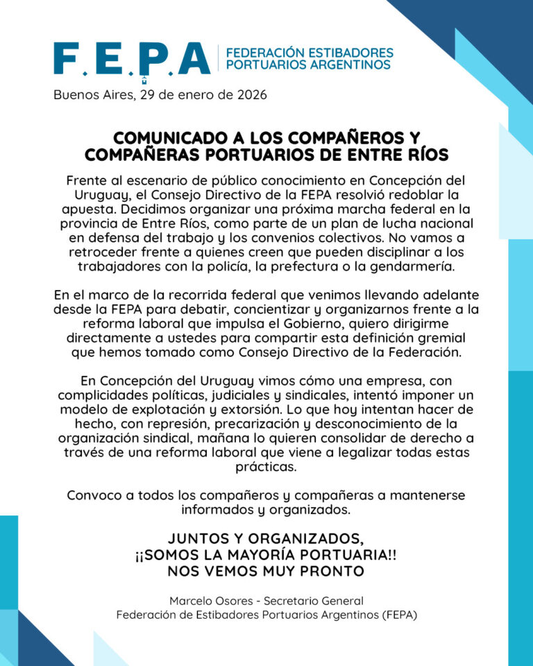 COMUNICADO A LOS COMPAÑEROS Y COMPAÑERAS PORTUARIOS DE ENTRE RÍOS