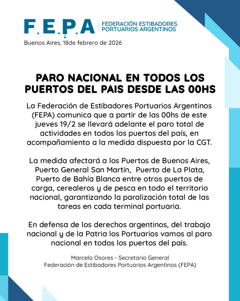 PARO NACIONAL EN TODOS LOS PUERTOS DEL PAIS DESDE LAS 00HS